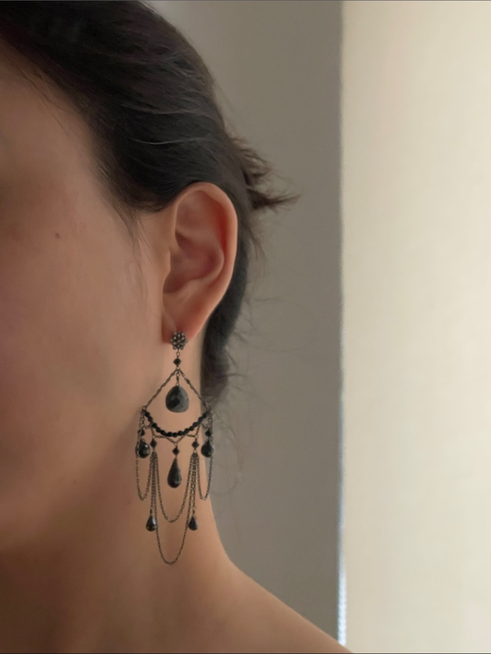 High-End Korean Boutique Black Onyx Spinel Style Chandelier Earrings Like New